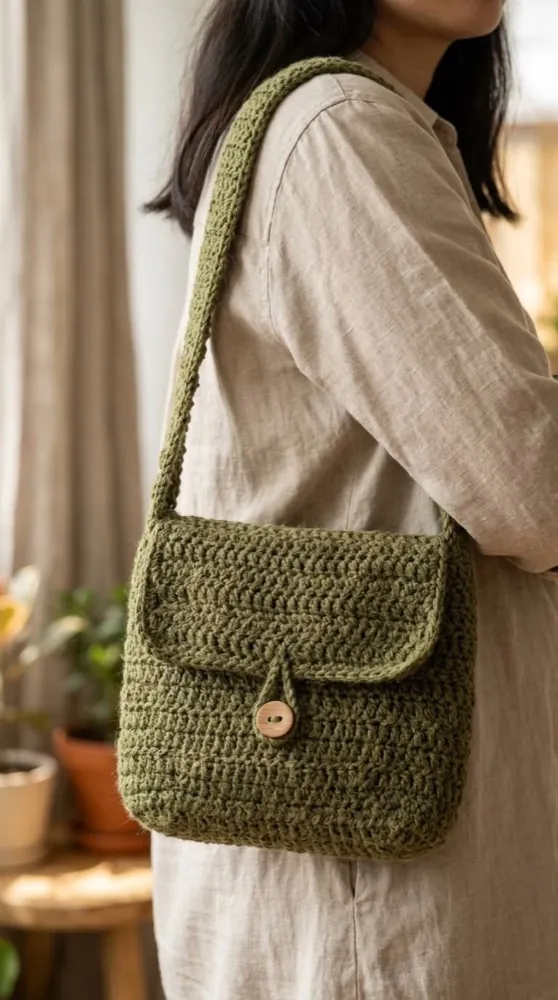 Handmade olive green crochet shoulder bag with a flap and a wooden button
