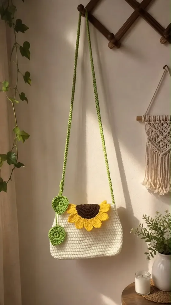 Handmade cream crochet bag with a sunflower on the flap and two green leaf charms, hanging on a wall hook