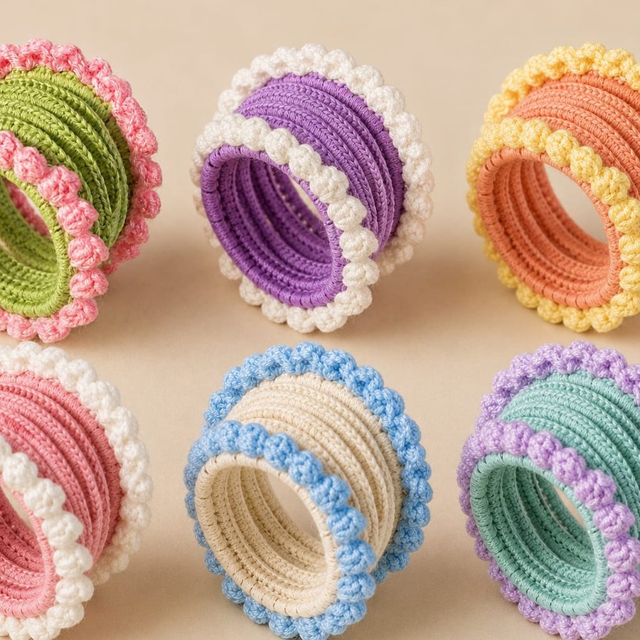 Handmade crochet bangles with scalloped trim in six colourways