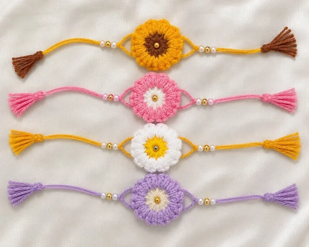 Four handmade crochet blossom rakhis in yellow, pink, white and lilac with tassels and beads