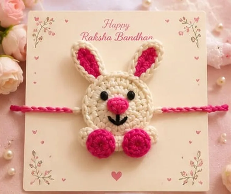 Handmade crochet cream bunny rakhi with pink ears and paws on a pink Raksha Bandhan card