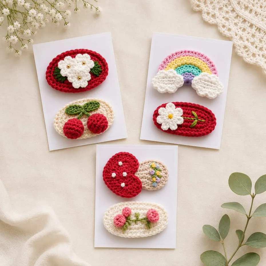 Handmade crochet hair pin cards with blossom, cherry, rainbow, daisy, heart and rosebud designs