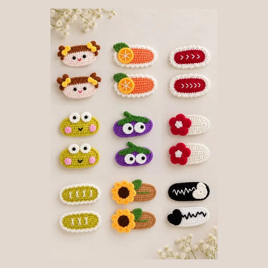 Handmade crochet character hair pins including a girl, orange slice, frog, brinjal and sunflower