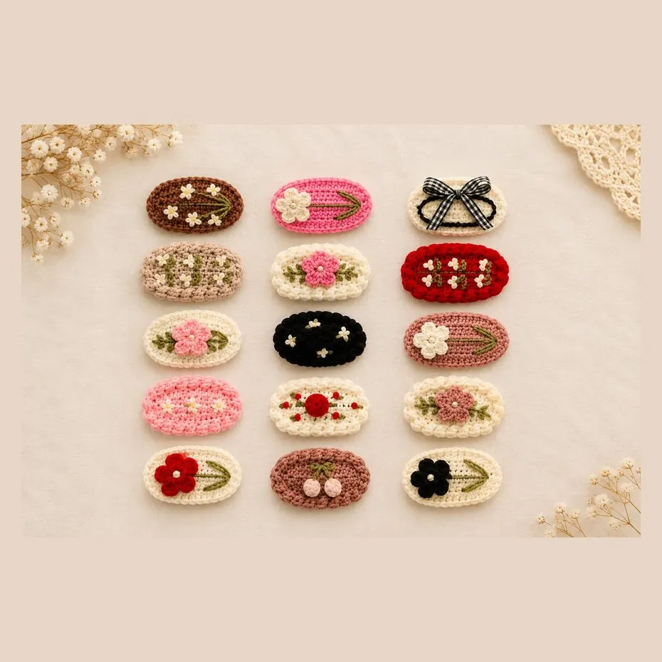 Handmade crochet oval hair pins hand-embroidered with small flowers, in fifteen designs