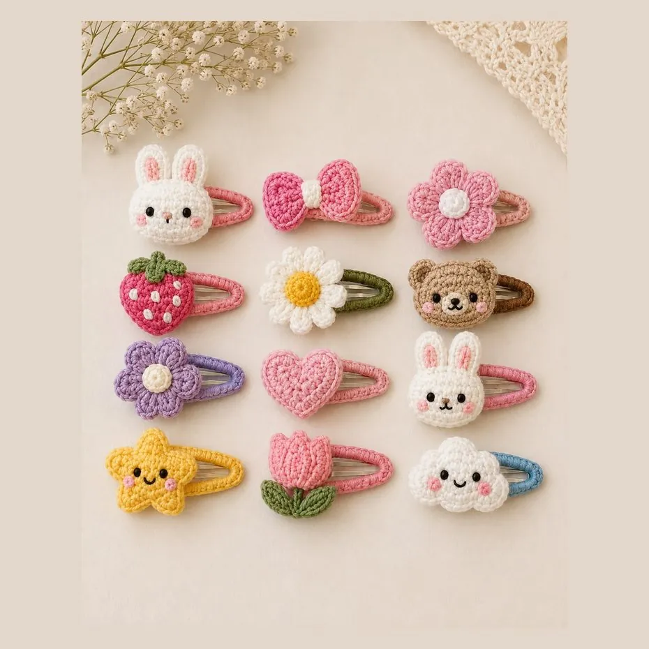 Handmade crochet children's hair pins shaped as bunnies, bears, strawberries, stars, tulips and clouds