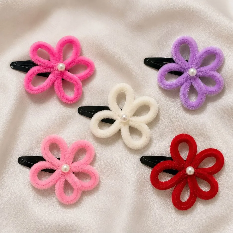 Handmade crochet open-petal flower hair pins with pearl centres in five colours