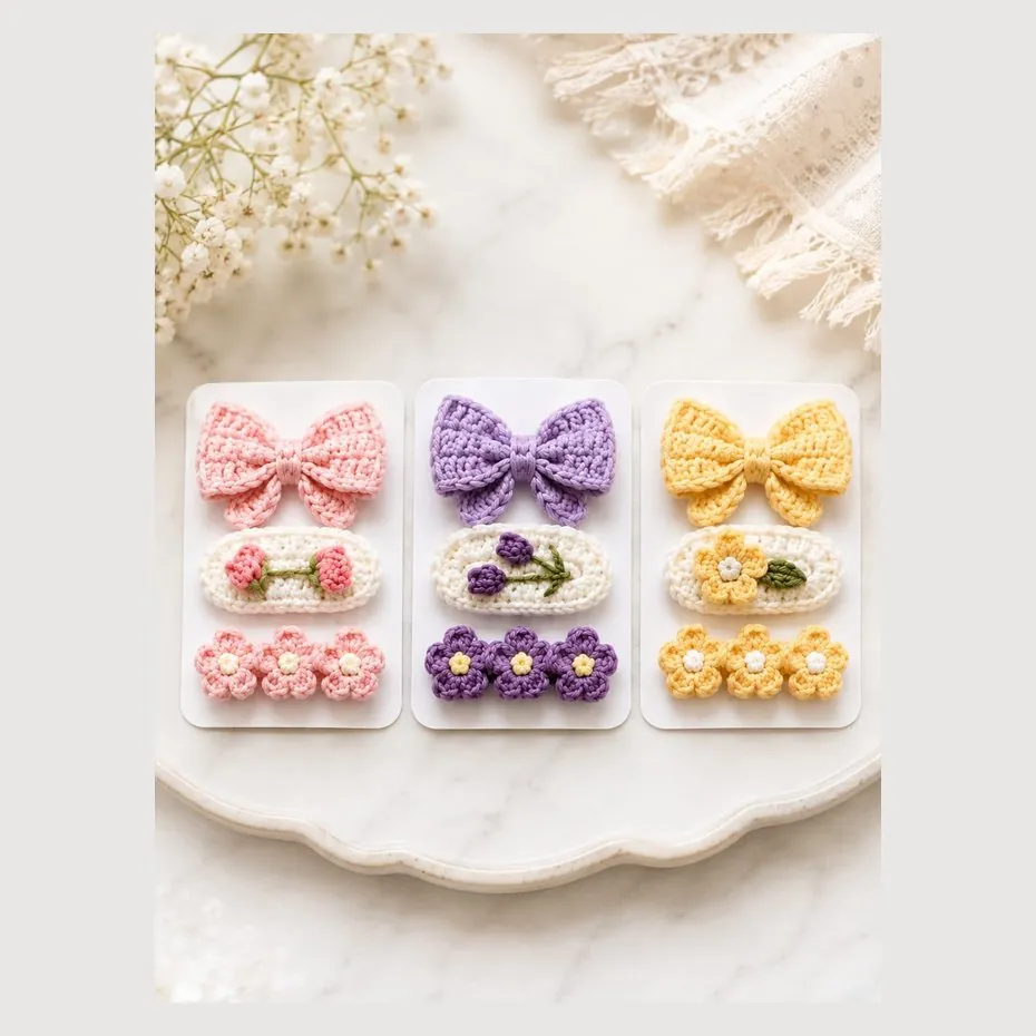 Handmade crochet three-piece hair pin set with a bow, oval pin and flower trio