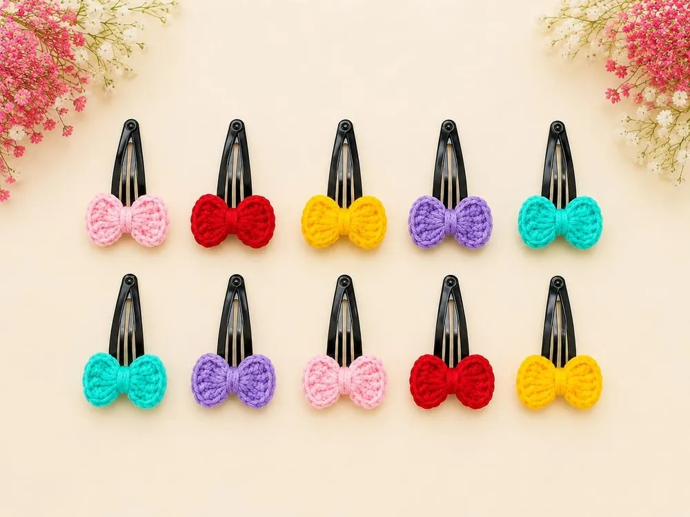 Handmade crochet bow snap hair clips in seven colours
