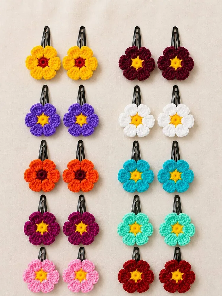 Handmade crochet flower snap hair clips sold in matching pairs, in ten colours