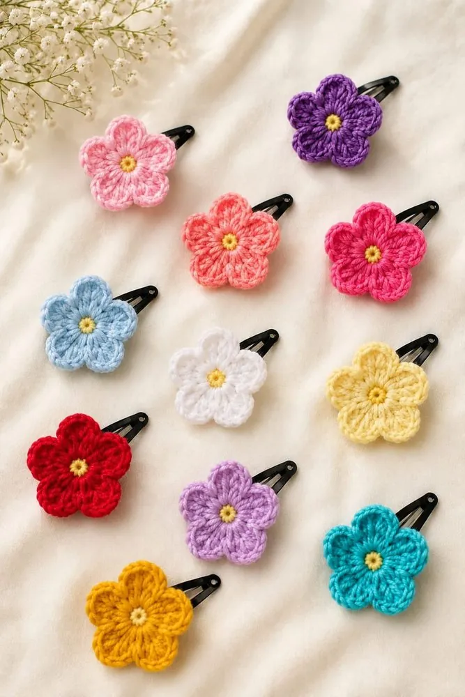 Handmade crochet fruit snap hair clips — pineapple, strawberry and grapes