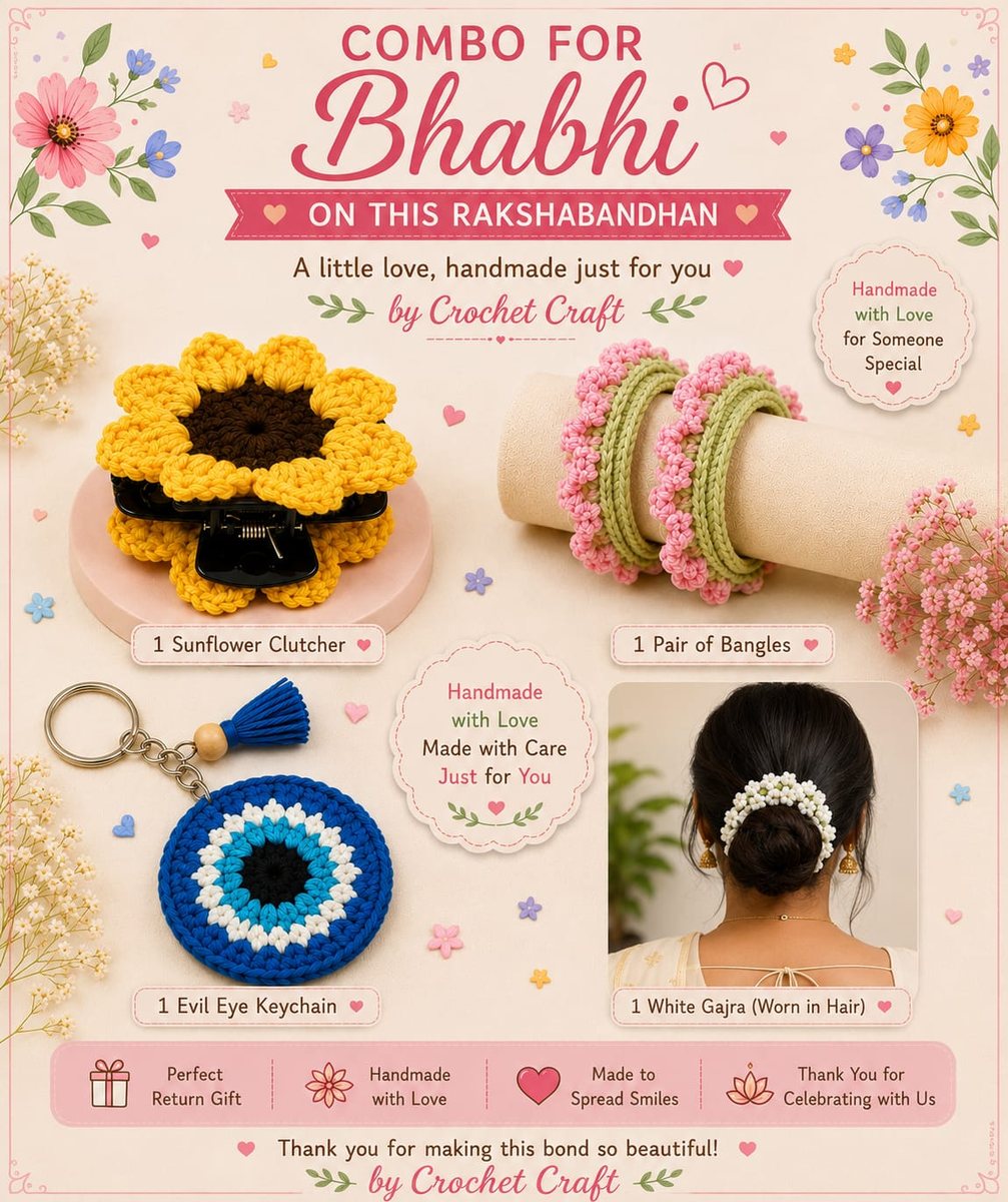 Rakshabandhan combo for bhabhi — sunflower clutcher, bangles, evil-eye keychain and white gajra