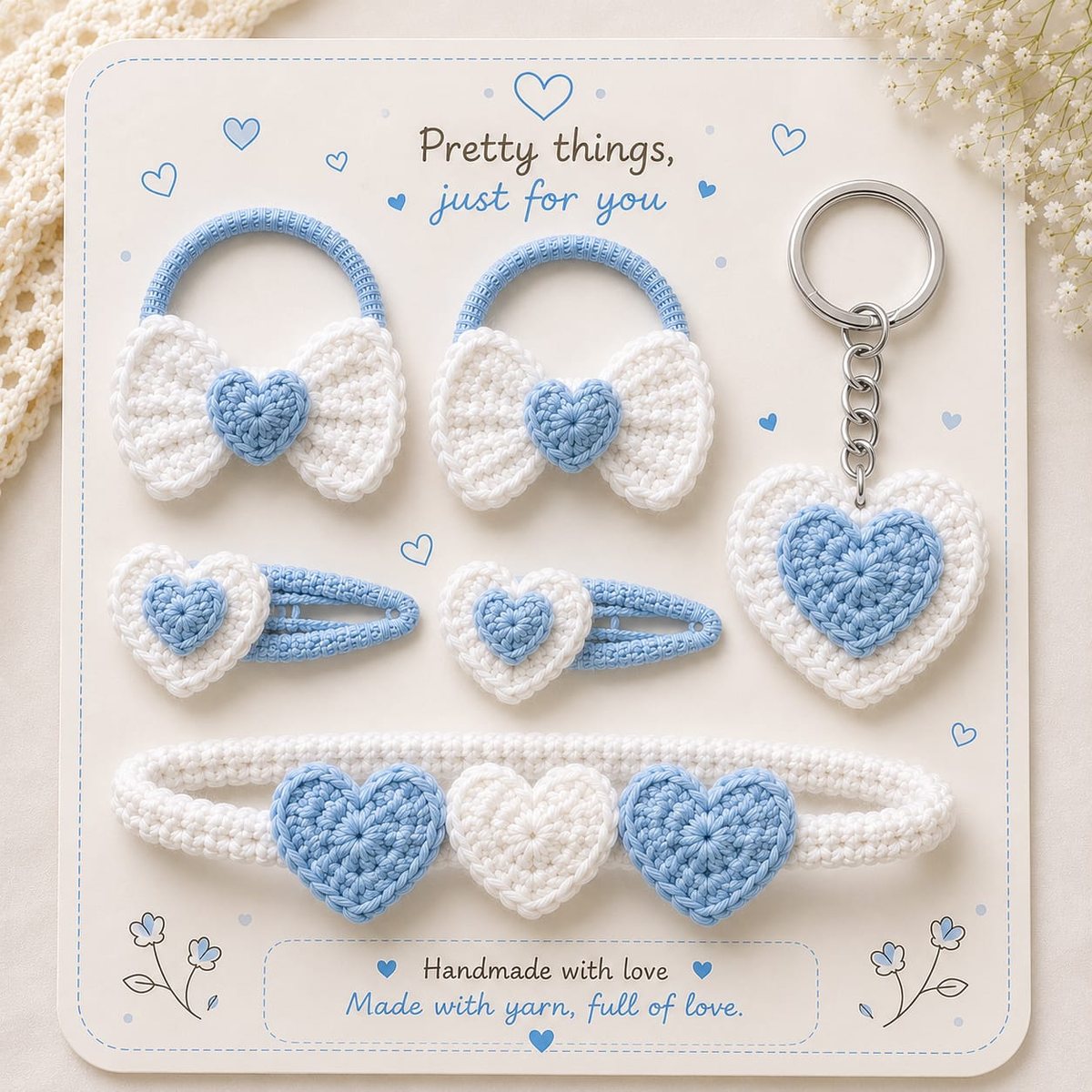Blue and white crochet heart hair combo — bows, clips, headband and heart keychain