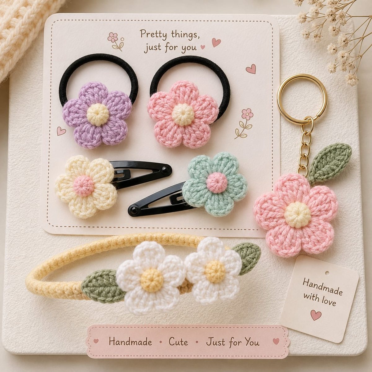 Pastel crochet flower hair combo — rubber bands, clips, headband and keychain