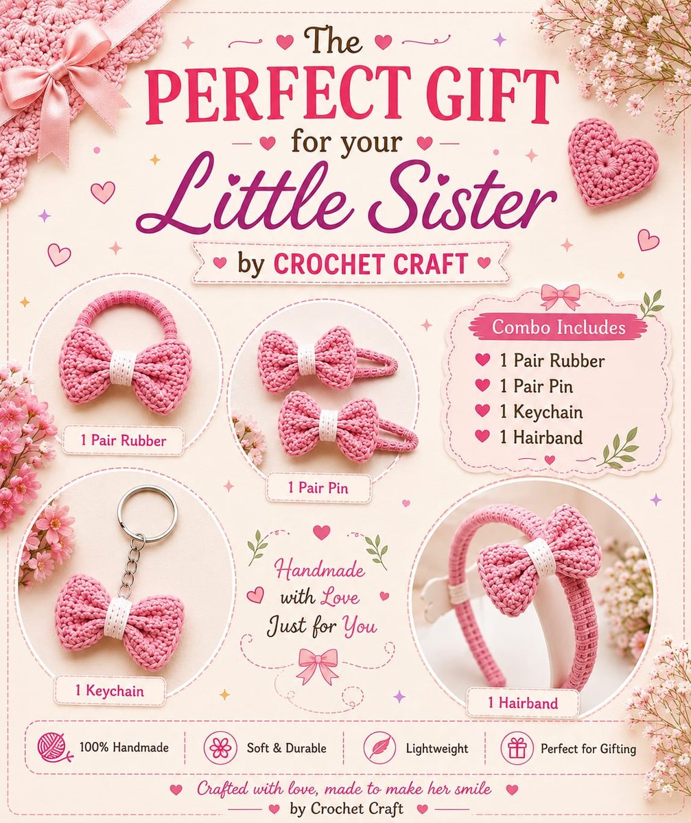 Pink crochet combo for little sister — rubber bands, pins, keychain and hairband