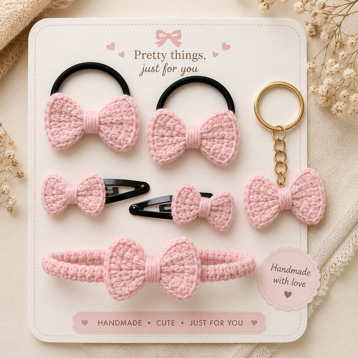 Pink crochet bow hair combo — rubber bands, clips, headband and bow keychain