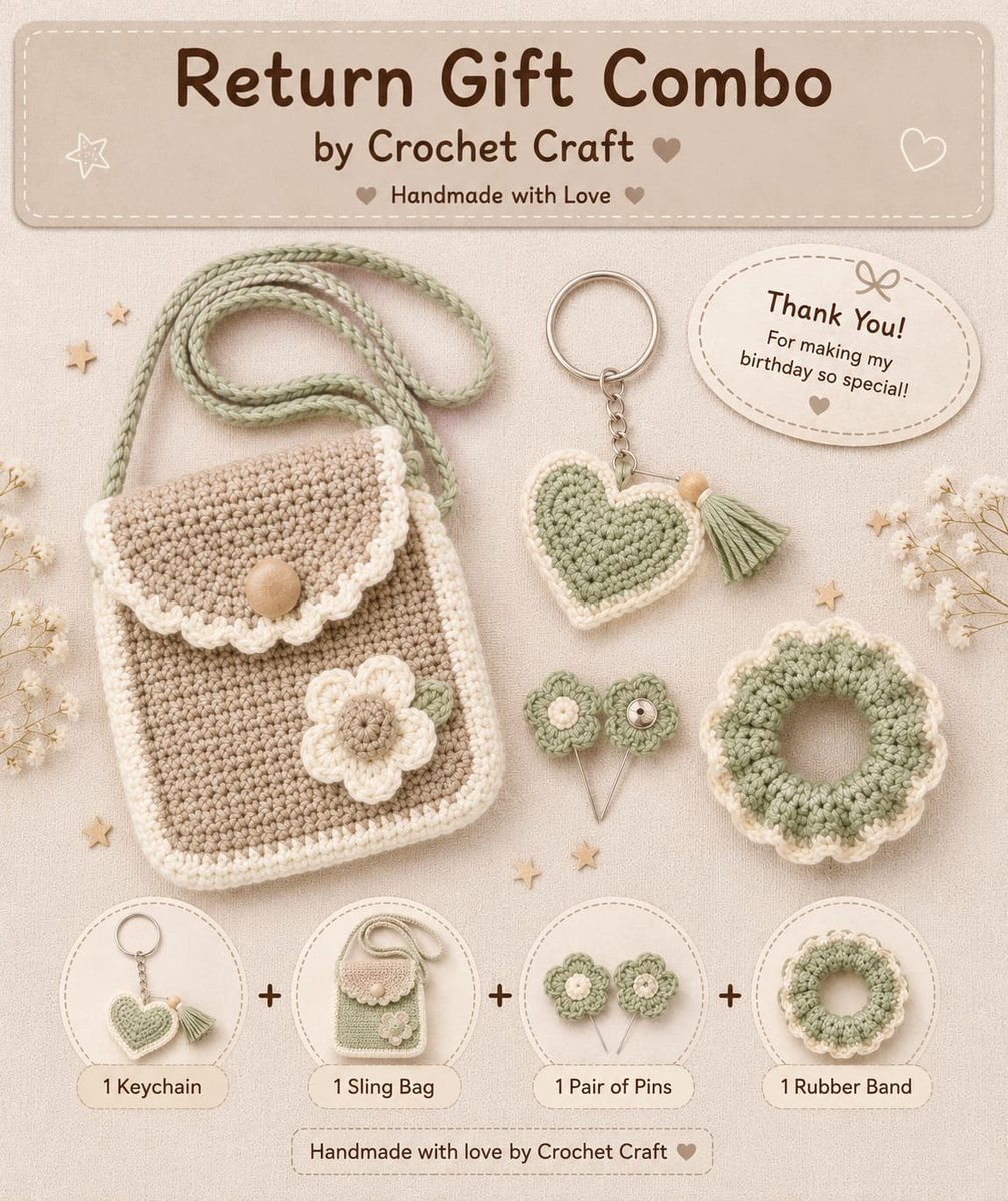 Sage green crochet return gift combo — sling bag, heart keychain, flower pins and scrunchie