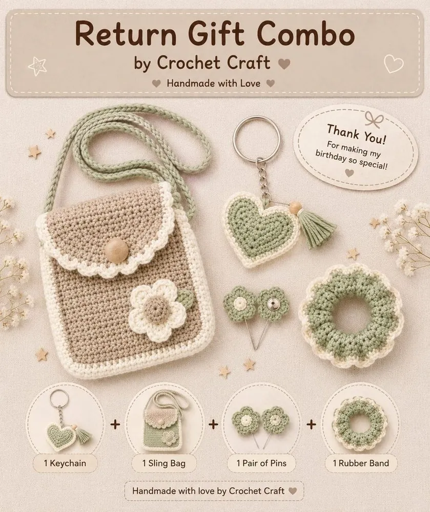 Sage green crochet return gift combo — sling bag, heart keychain, flower pins and scrunchie