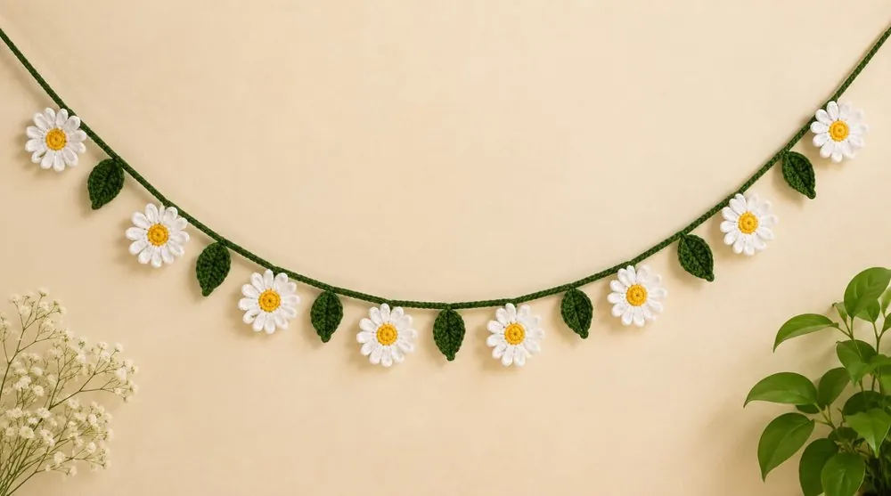 Handmade crochet daisy garland by Crochet Craft