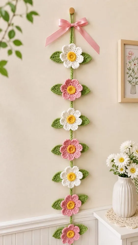 Handmade crochet daisy vine wall hanging by Crochet Craft