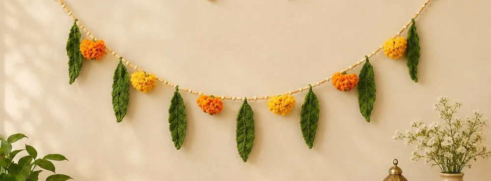Handmade crochet marigold leaf garland by Crochet Craft