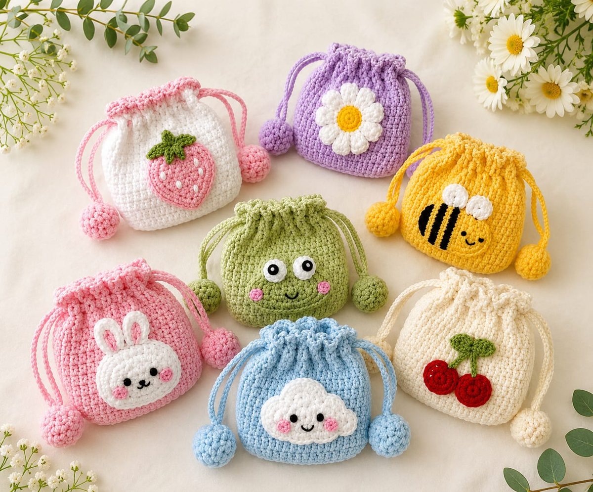 Handmade crochet character earbuds covers — strawberry, daisy, bee, frog, bunny, cloud and cherry designs