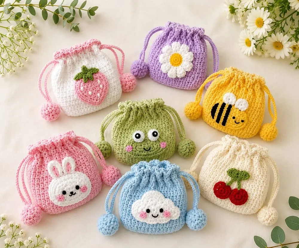 Handmade crochet character earbuds covers — strawberry, daisy, bee, frog, bunny, cloud and cherry designs