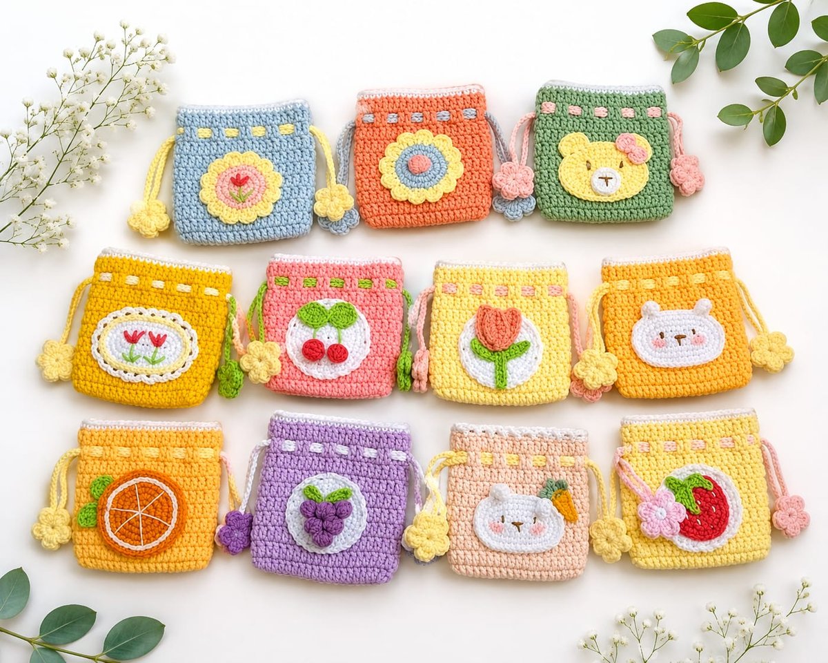 Handmade crochet floral earbuds covers in assorted pastel colours with flower, fruit and animal motifs