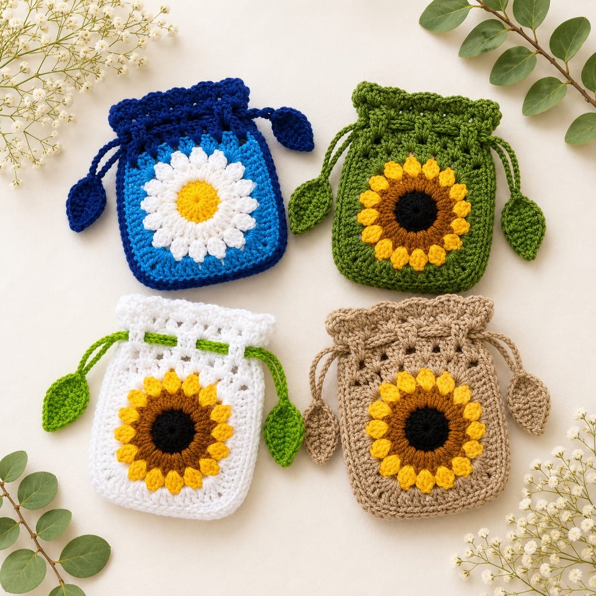 Handmade crochet granny-square earbuds covers with sunflower and daisy motifs in olive, white and cream
