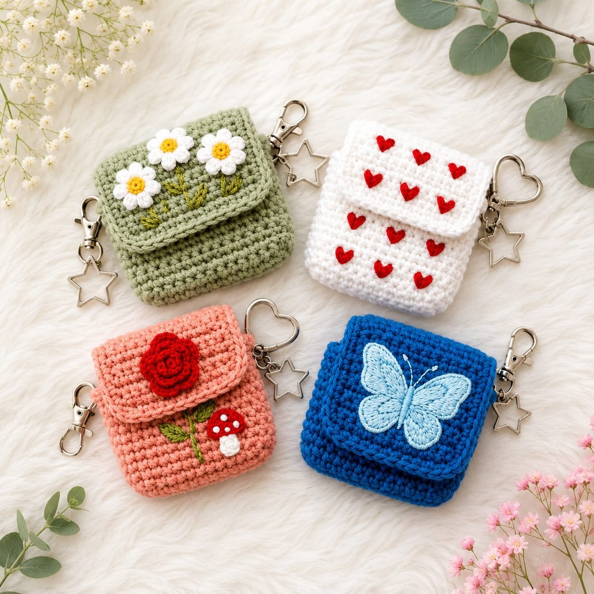 Handmade crochet mini earbuds covers with clasp and star charm — daisies, hearts, rose and butterfly designs