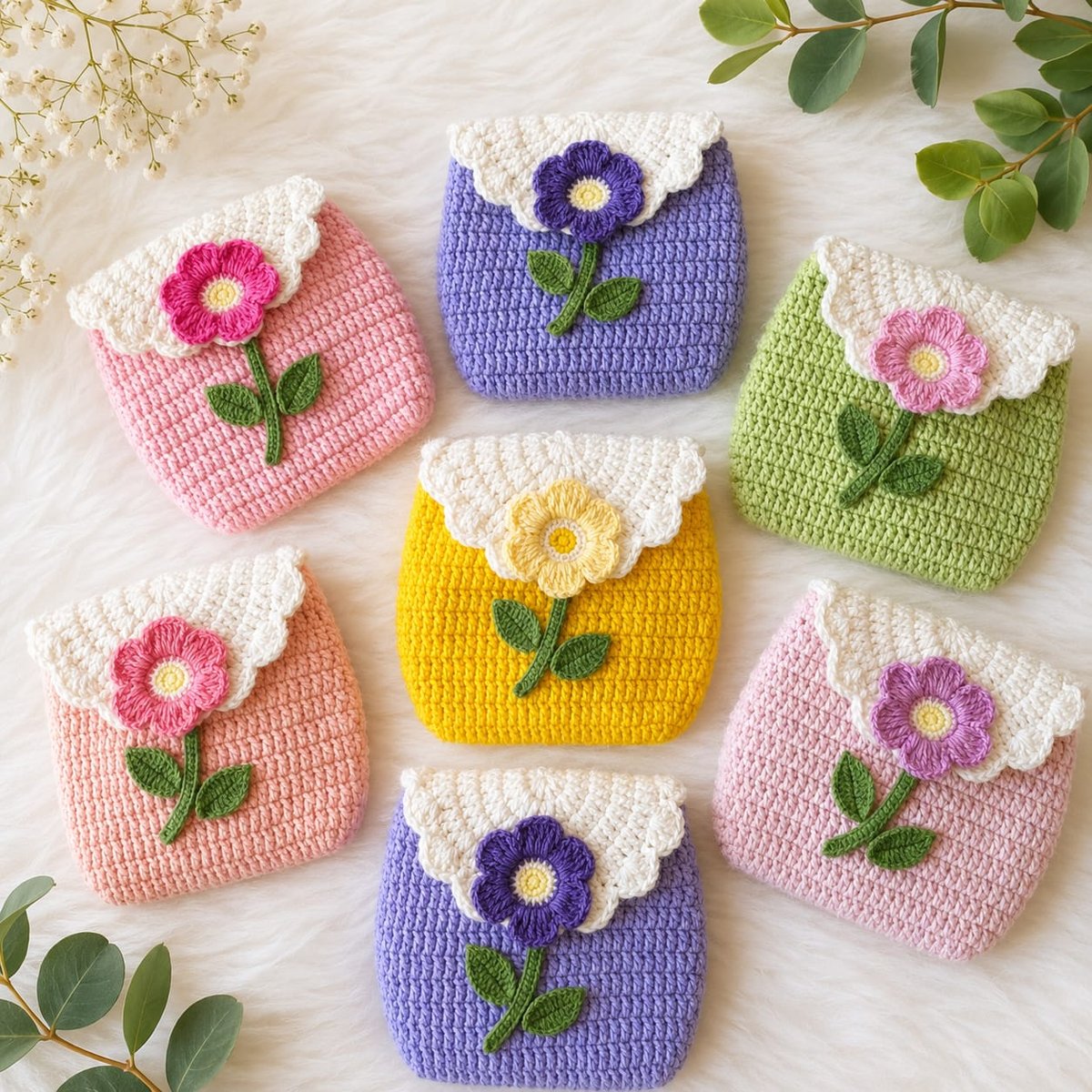 Handmade crochet earbuds covers with scalloped white flap and single flower appliqué in pink, purple, green and yellow