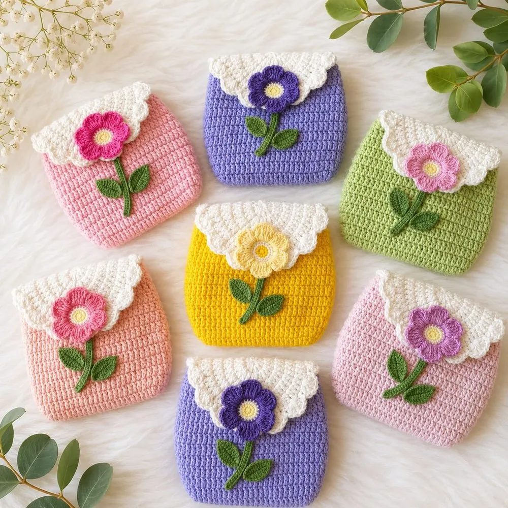 Handmade crochet earbuds covers with scalloped white flap and single flower appliqué in pink, purple, green and yellow