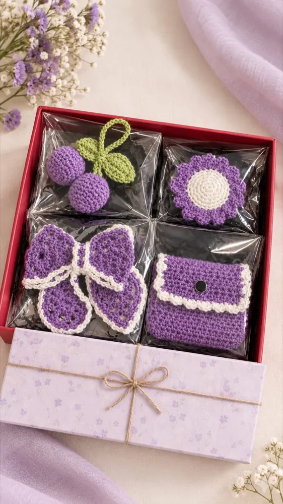 Handmade purple crochet gift box — grape keychain, flower, bow and a little purse, each wrapped separately