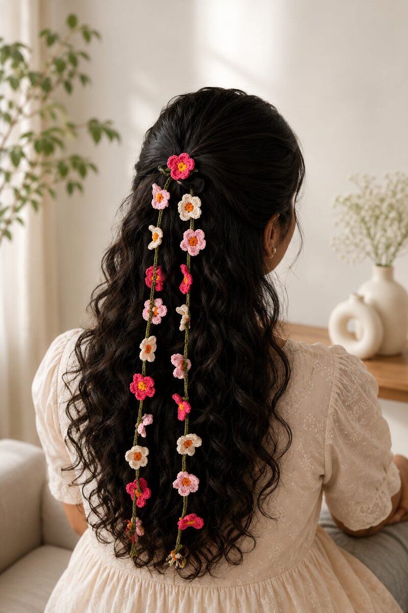 Handmade crochet double-strand flower vine trailing down the hair