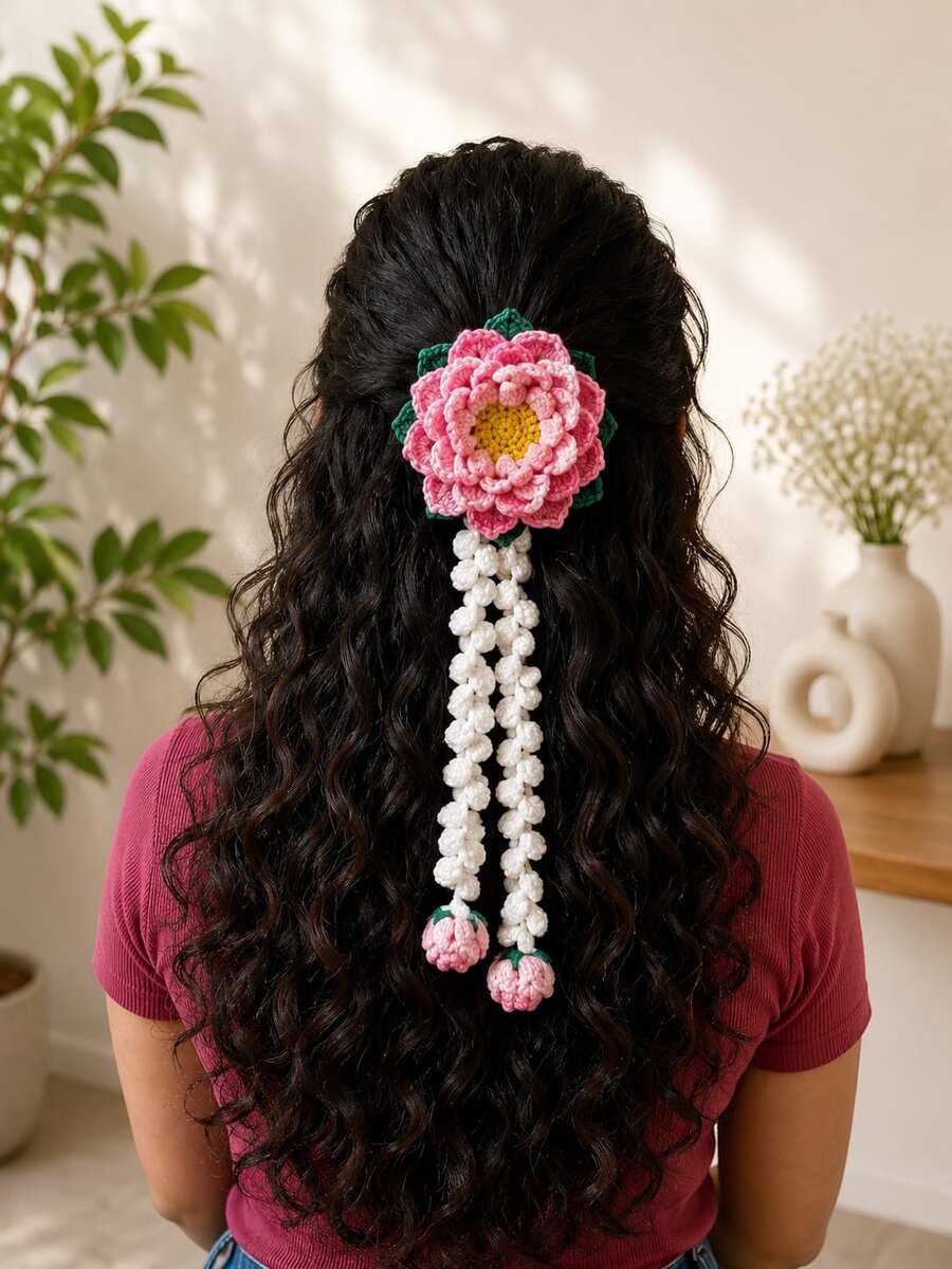 Handmade crochet lotus flower hair clip with white beaded tassels and pink bud ends