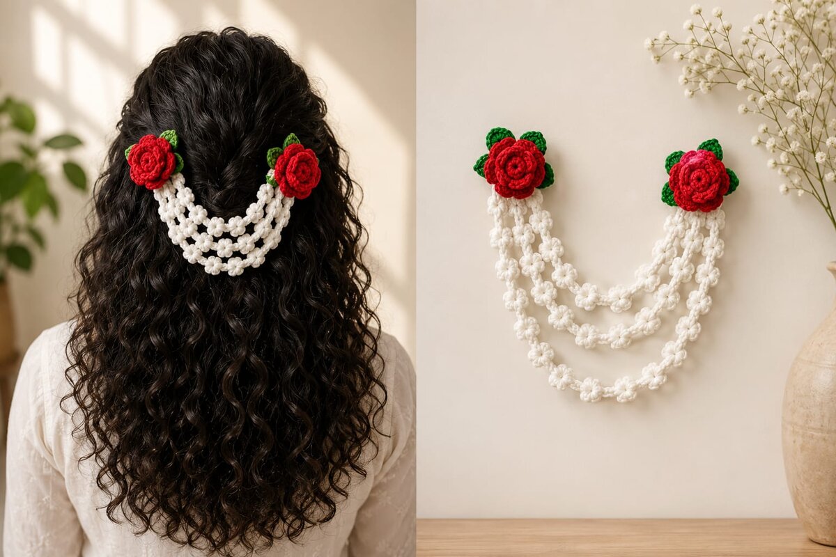 Pair of handmade crochet red rose hair pins connected with a white beaded chain wrap