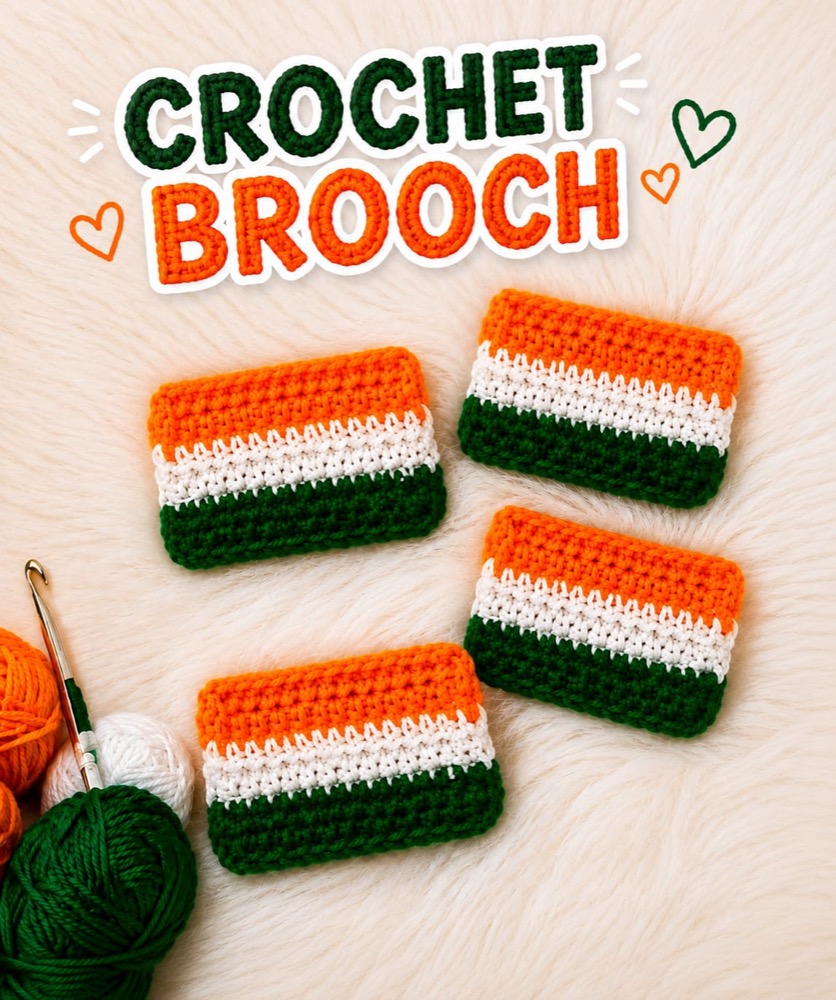Handmade crochet tricolour flag brooches in saffron, white and green