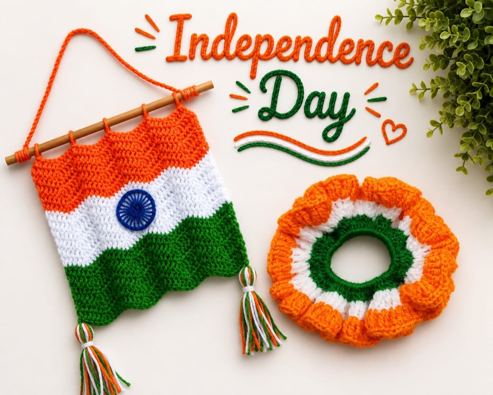 Handmade crochet Indian flag wall hanging with wooden rod and a tricolour scrunchie