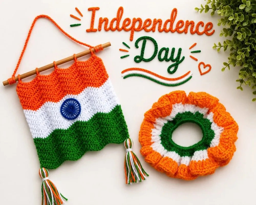 Handmade crochet Indian flag wall hanging with wooden rod and a tricolour scrunchie