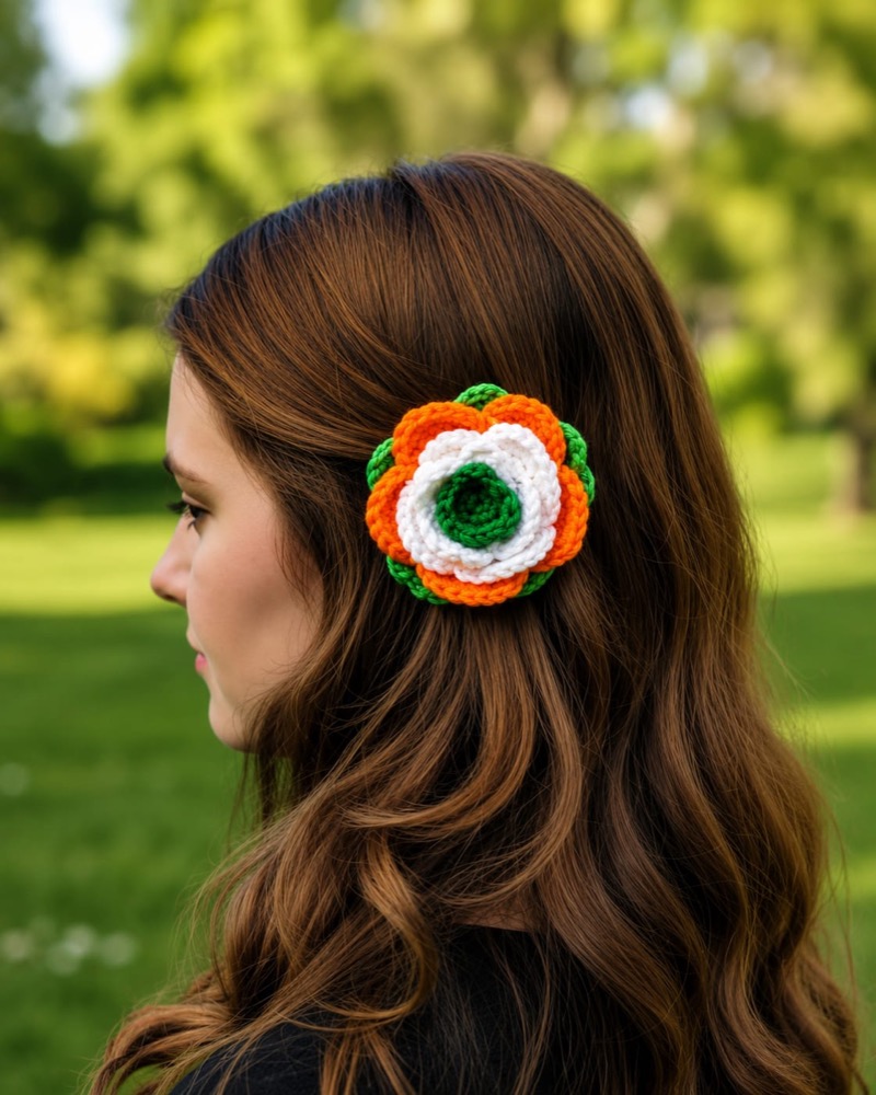 Handmade crochet tricolour flower hair clip worn in hair