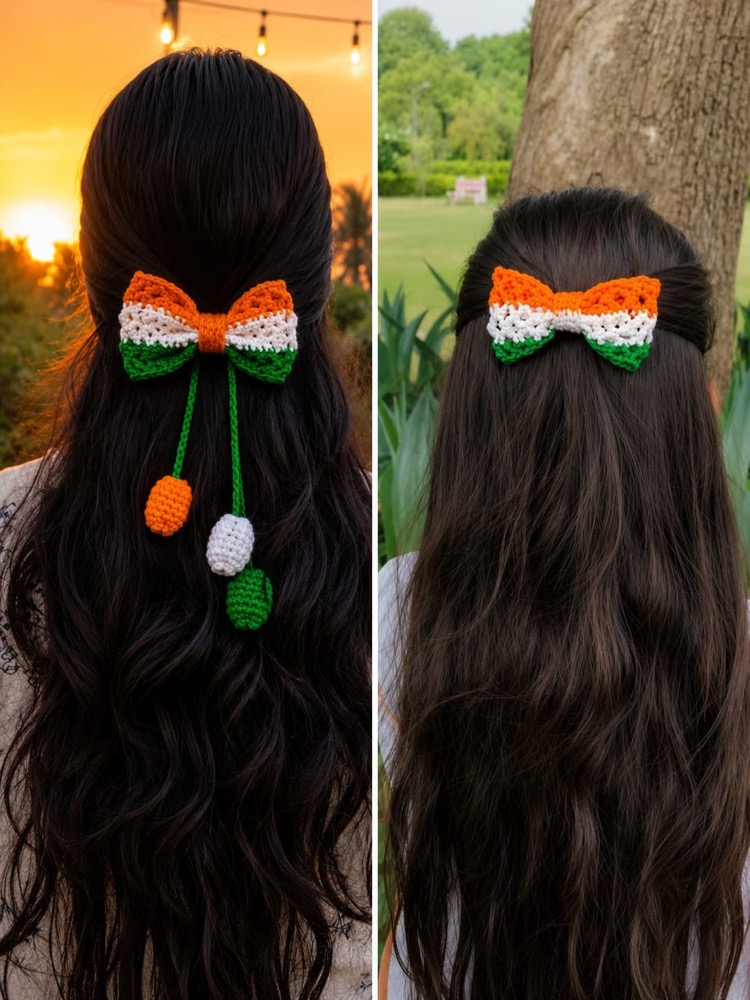 Handmade crochet tricolour hair bow with hanging tassels, shown worn
