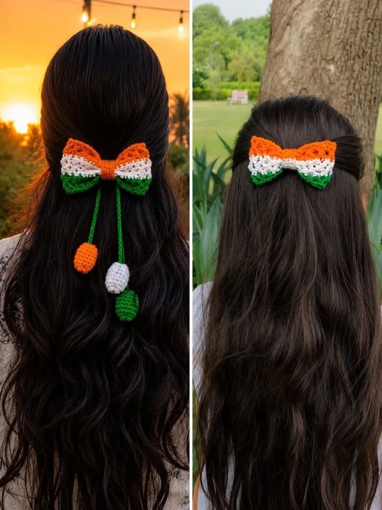 Handmade crochet tricolour hair bow with hanging tassels, shown worn