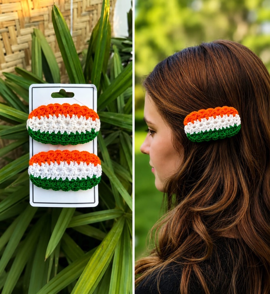 Pair of handmade crochet tricolour hair clips on a card and worn in hair