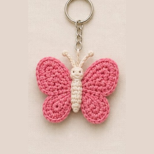 Handmade crochet pink butterfly keychain