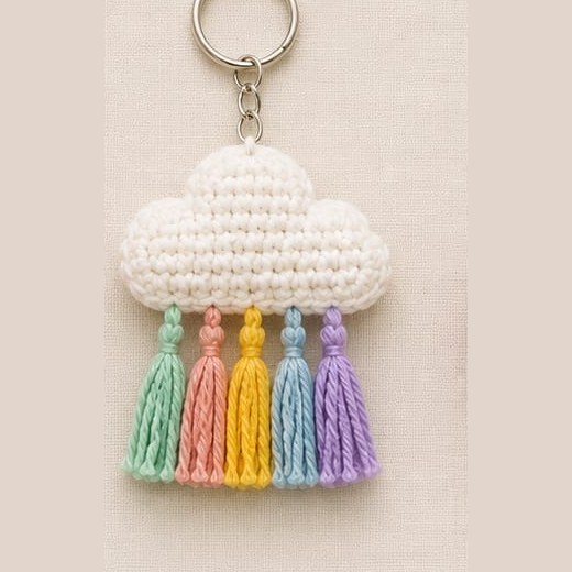 Handmade crochet cloud keychain with rainbow tassels