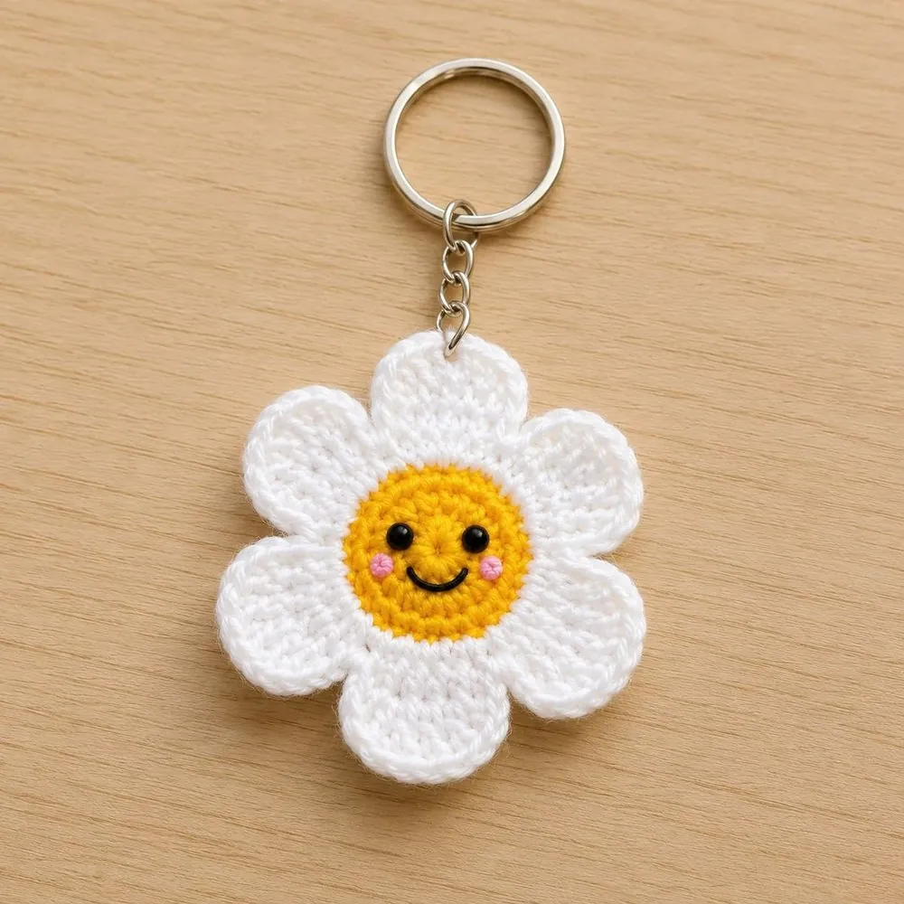 Handmade crochet white daisy keychain with a smiley face and rosy cheeks