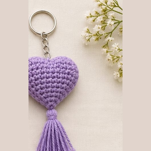 Handmade crochet purple heart keychain with tassel