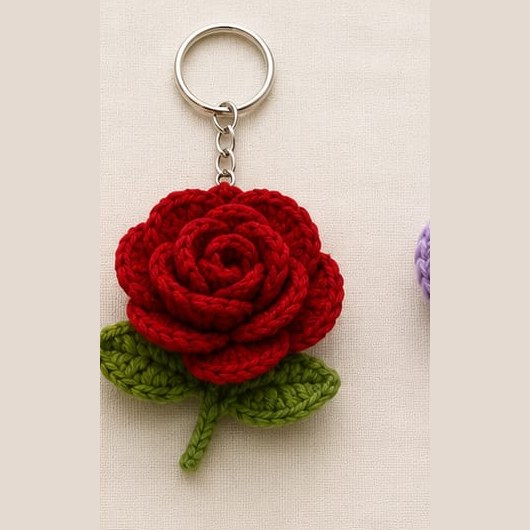 Handmade crochet red rose keychain