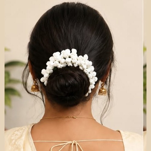 Handmade crochet mogra gajra bun accessory worn in hair