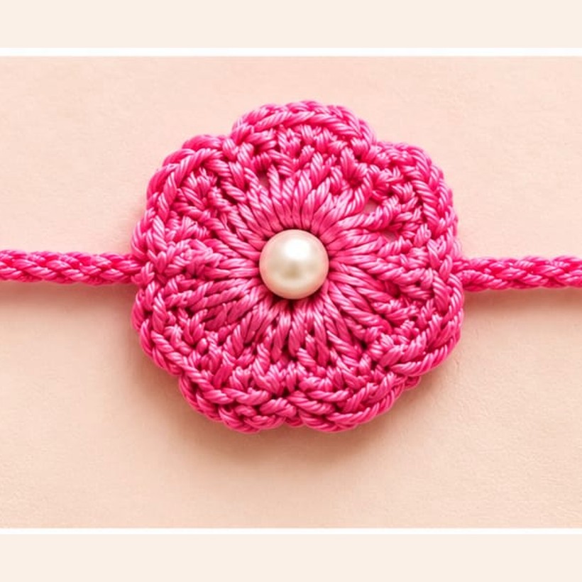 Handmade crochet pink flower rakhi with a pearl centre on a pink thread