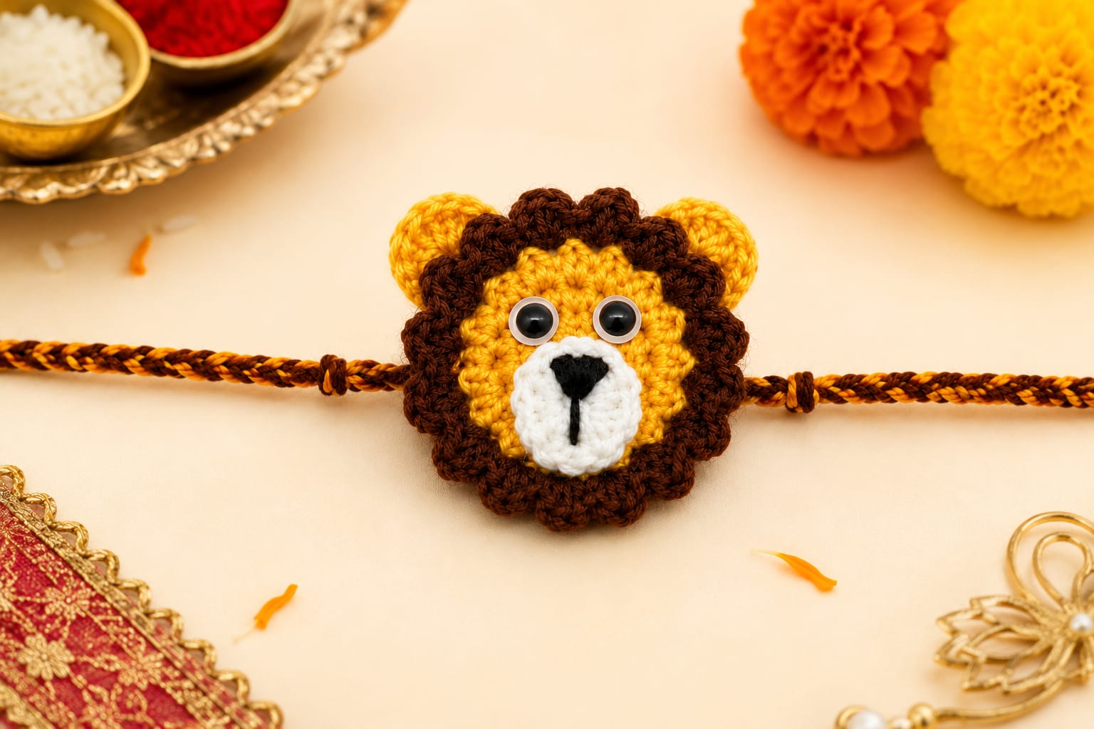 Handmade crochet lion face rakhi with brown mane on a striped braided thread